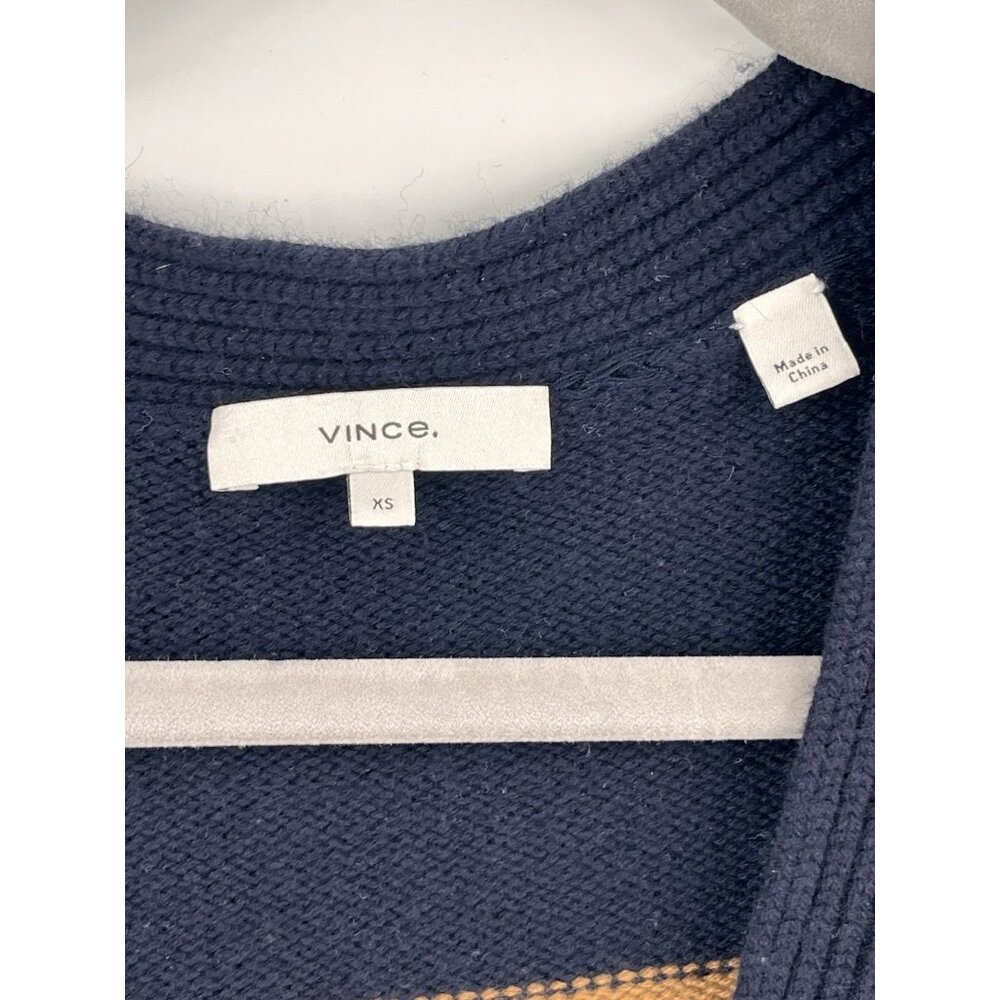 VINCE. Women's Navy Gold Stripe Cashmere/Wool V-Neck Button Sweater Cardigan XS - Picture 2 of 4